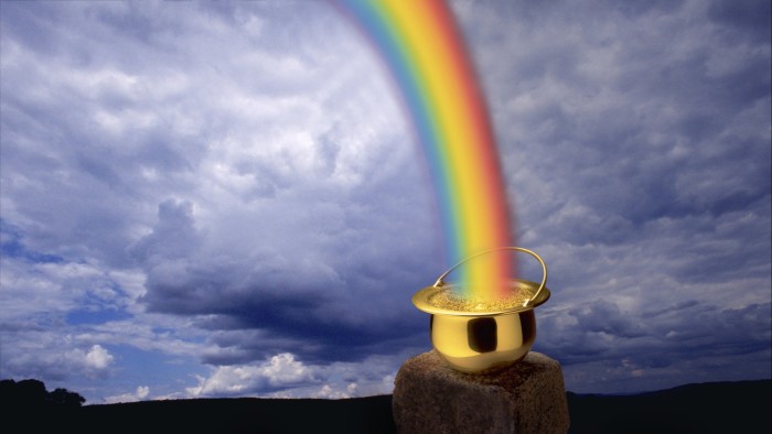 A digital illustration of a rainbow in a pot of gold